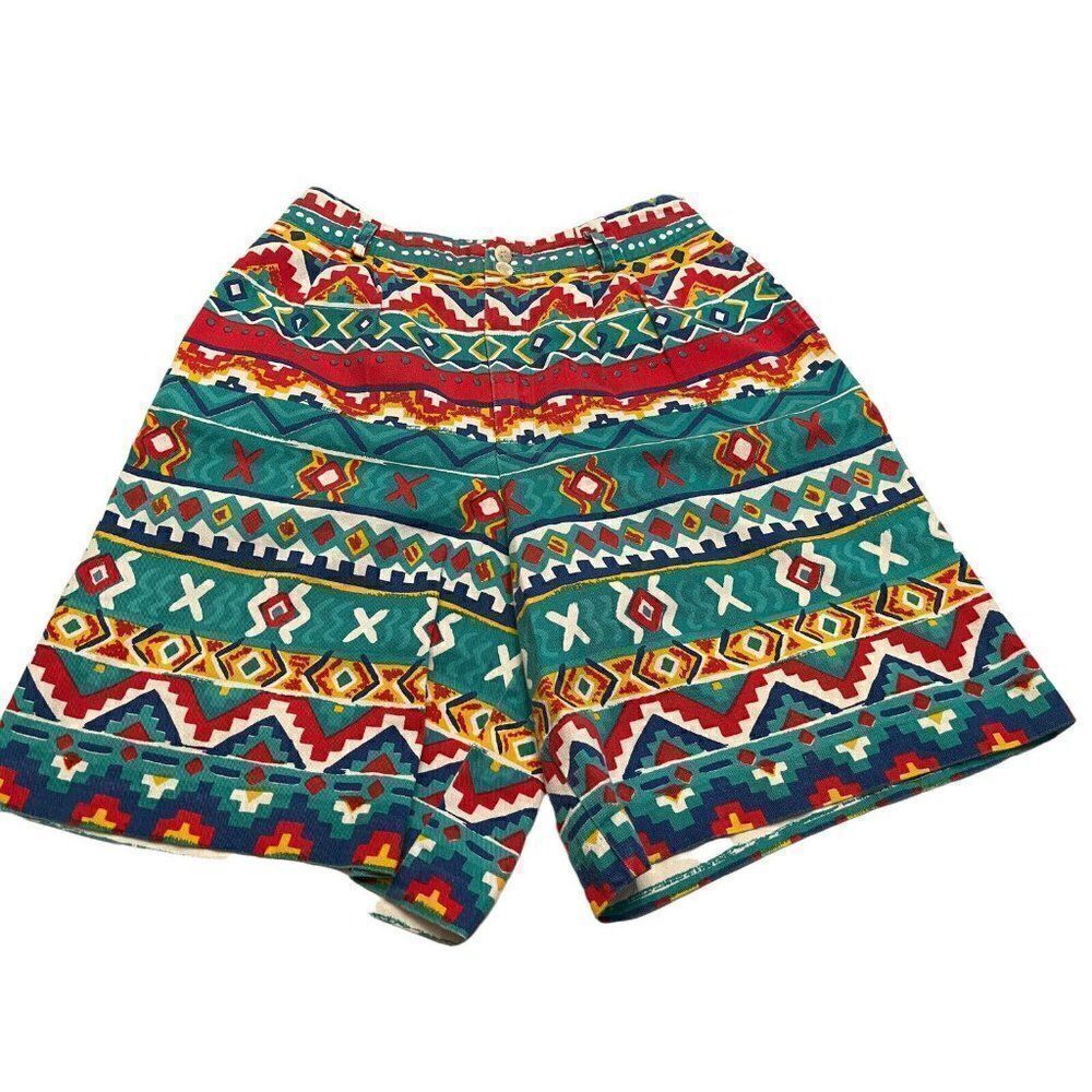 Vtg 90s High Waisted Pleated Denim Shorts Ladies 6 Green Red Aztec Southwestern